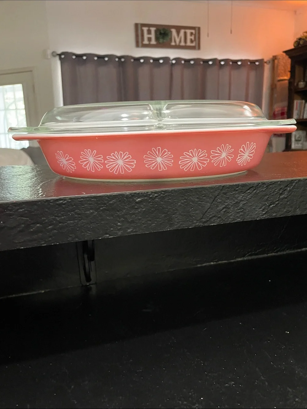 Vintage Pyrex Pink Daisy Divided Casserole Dish with Lid -